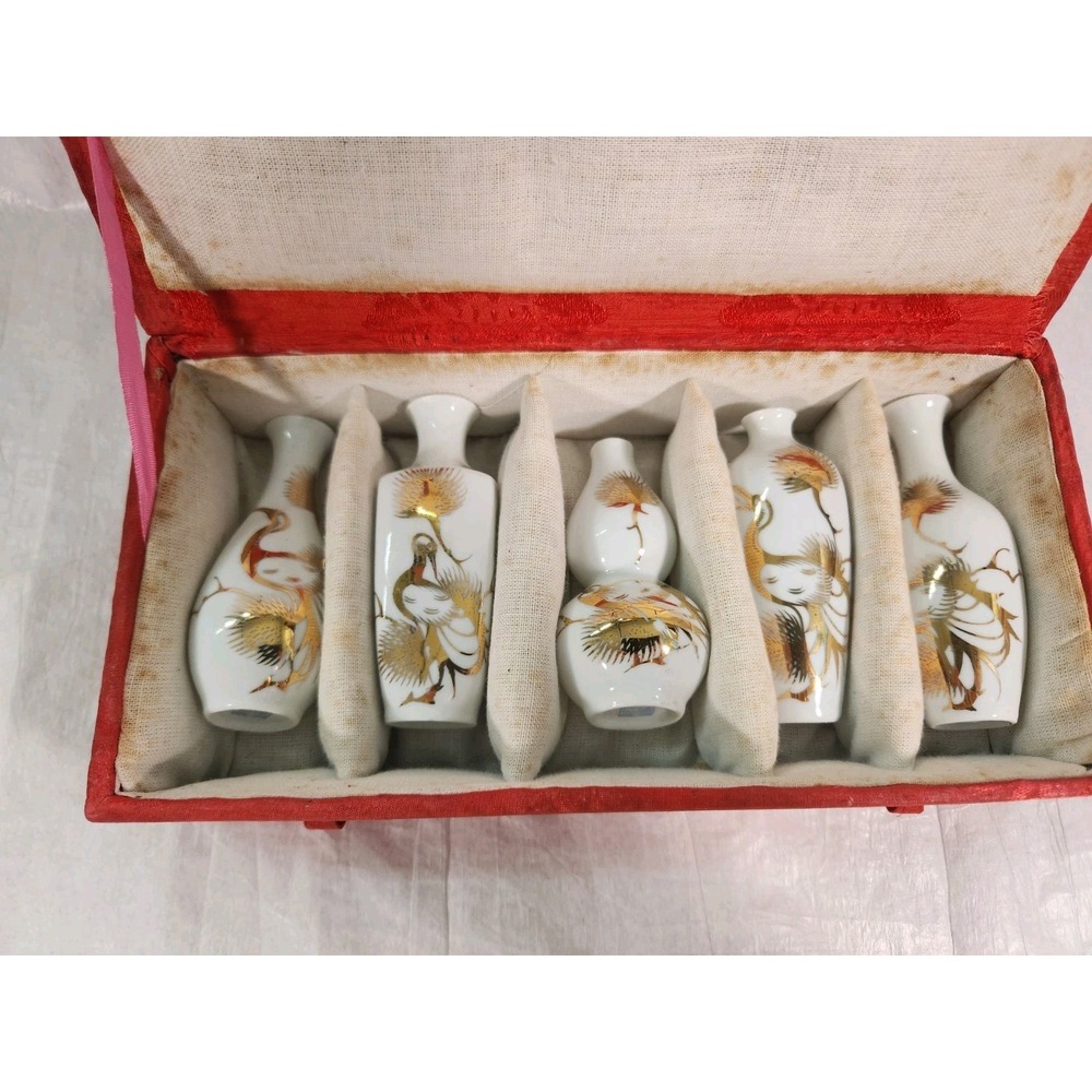 Vintage Jingdezhen Chinese Miniature Porcelain Bud Vase Set 5pc Gold Crane Box